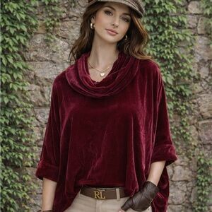 EILEEN FISHER Burgundy Silk Blend Velvet Cowl Neck, XS